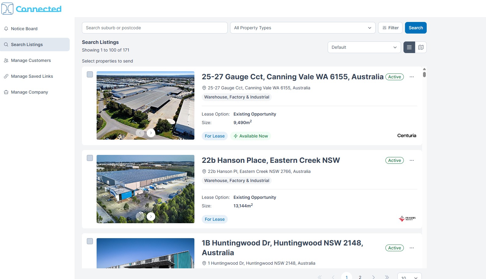 Connected Commercial agent dashboard showing live property listings